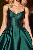 Dark Green Satin A Line Short Homecoming Dress with Beading