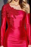 Red Satin Bodycon Appliqued Short Homecoming Dress with Sleeves
