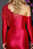 Red Satin Bodycon Appliqued Short Homecoming Dress with Sleeves