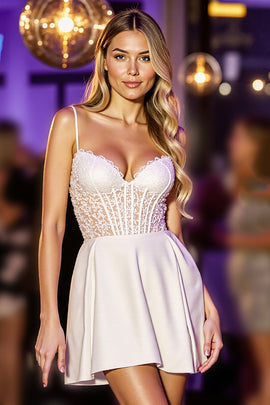 White Corset A Line Satin Short Homecoming Dress with Lace