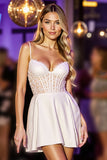 White Corset A Line Satin Short Homecoming Dress with Lace