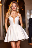 Sparkly White Satin A Line Short Homecoming Dress with Beading