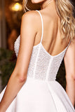 Sparkly White Satin A Line Short Homecoming Dress with Beading