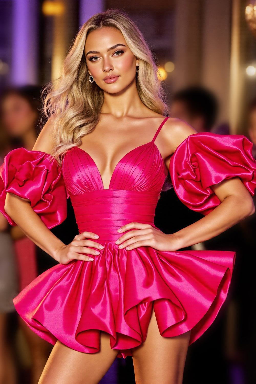 Fuchsia Satin Cold Shoulder A Line Short Homecoming Dress