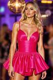 Fuchsia Satin Cold Shoulder A Line Short Homecoming Dress