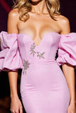 Sparkly Pink Satin Off the Shoulder Short Homecoming Dress with Sequins