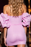 Sparkly Pink Satin Off the Shoulder Short Homecoming Dress with Sequins