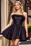 Black Strapless A Line Short Homecoming Dress with Feathers