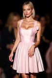 Pink Satin A Line Short Homecoming Dress with 3D Flowers