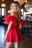 Red Corset Satin A Line Short Homecoming Dress with Feathers