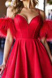 Red Corset Satin A Line Short Homecoming Dress with Feathers