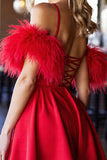 Red Corset Satin A Line Short Homecoming Dress with Feathers
