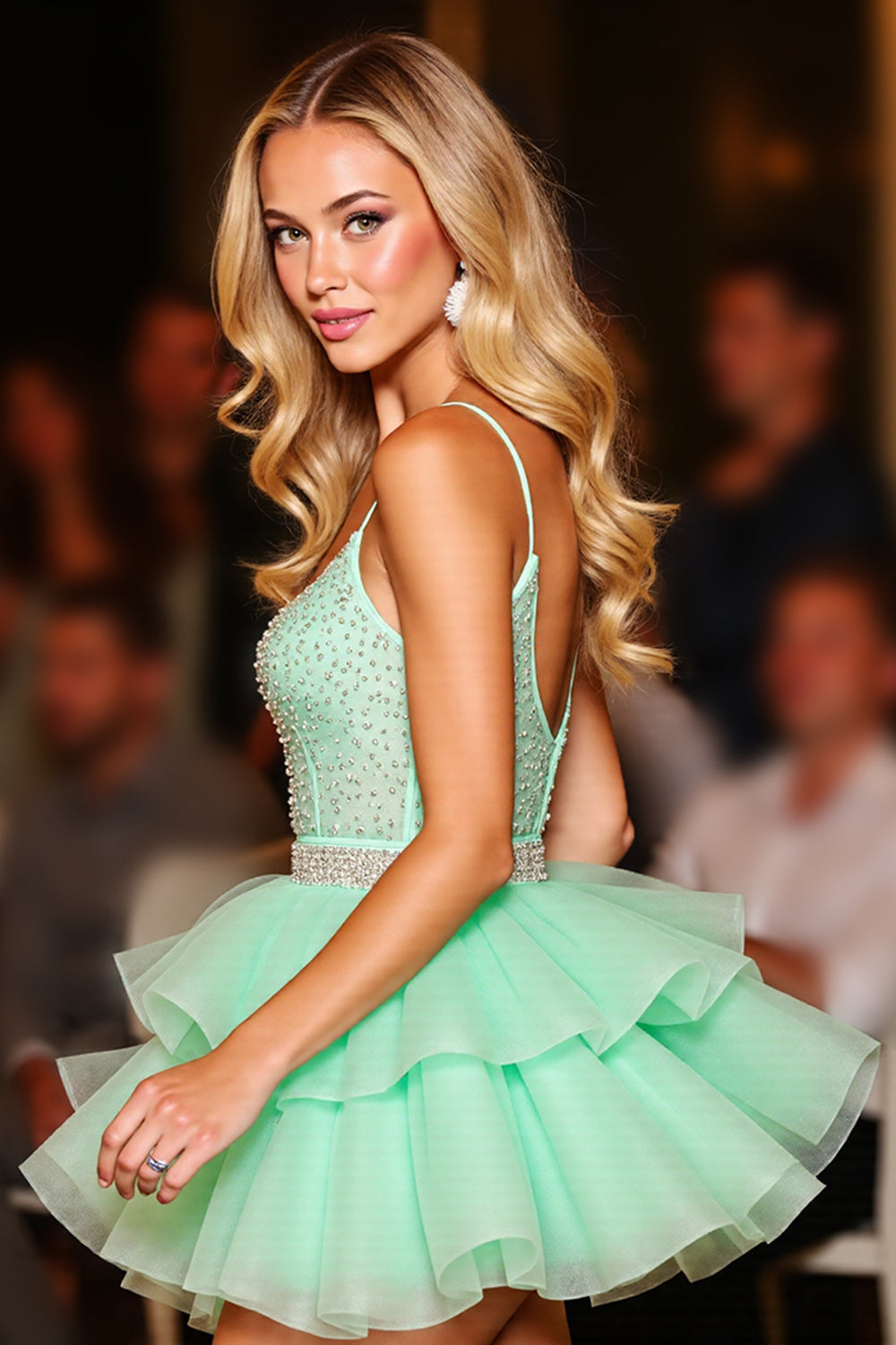 Sparkly Green Tulle A Line Short Homecoming Dress with Beading