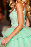 Sparkly Green Tulle A Line Short Homecoming Dress with Beading
