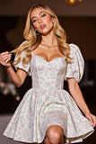 White Satin A Line Floral Corset Short Homecoming Dress