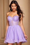 Purple A Line Strapless Corset Short Homecoming Dress with Sequins