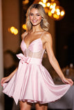Pink Satin A Line Corset Short Homecoming Dress with Bow