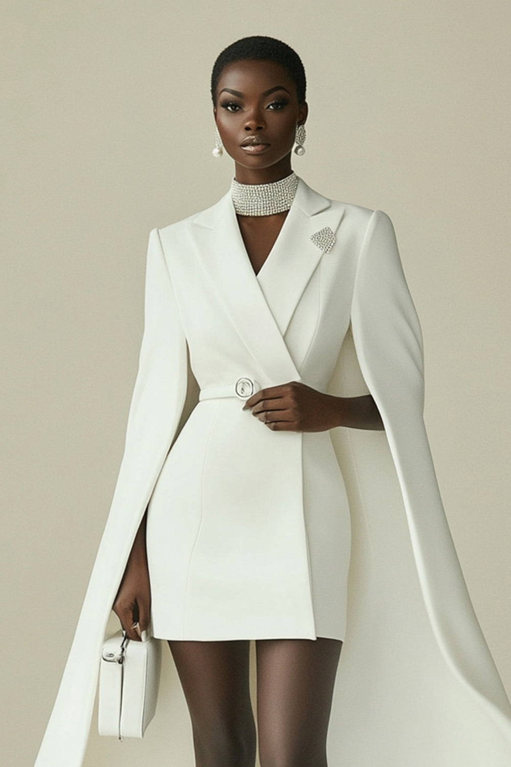 White Peak Lapel Cape Short Satin Work Blazer Dress