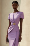 Purple Bodycon Ruched Satin Short Work Dress with Short Sleeves