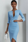 Sky Blue Satin V-Neck Bodycon Short Work Dress with Sleeves