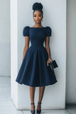 Navy A Line Satin Midi Work Dress with Short Sleeves