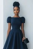 Navy A Line Satin Midi Work Dress with Short Sleeves