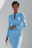 Sky Blue Satin Keyhole Bodycon Short Work Dress with Long Sleeves