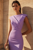 Purple Bodycon Satin Ruched Short Work Dress with Cap Sleeves