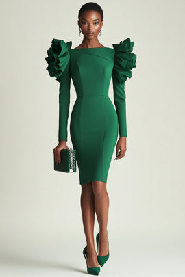 Dark Green Bodycon Midi Satin Work Dress with Ruffles