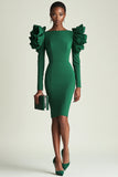 Dark Green Bodycon Midi Satin Work Dress with Ruffles