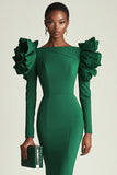 Dark Green Bodycon Midi Satin Work Dress with Ruffles