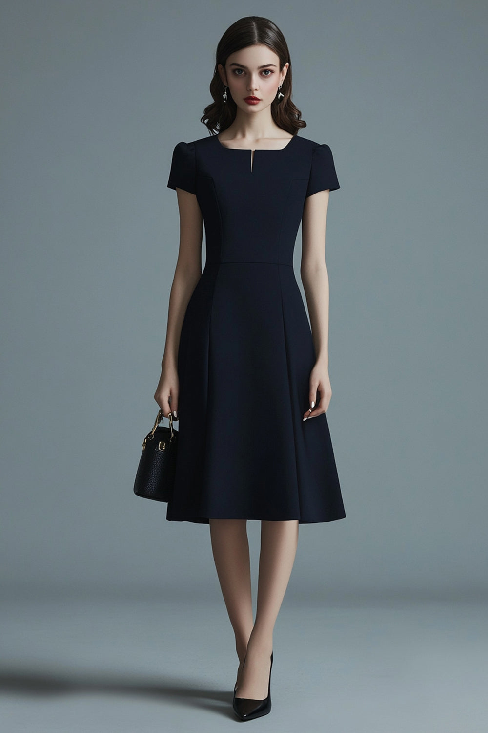 Navy Satin Midi A Line Work Dress with Short Sleeves
