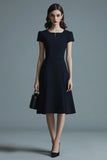 Navy Satin Midi A Line Work Dress with Short Sleeves