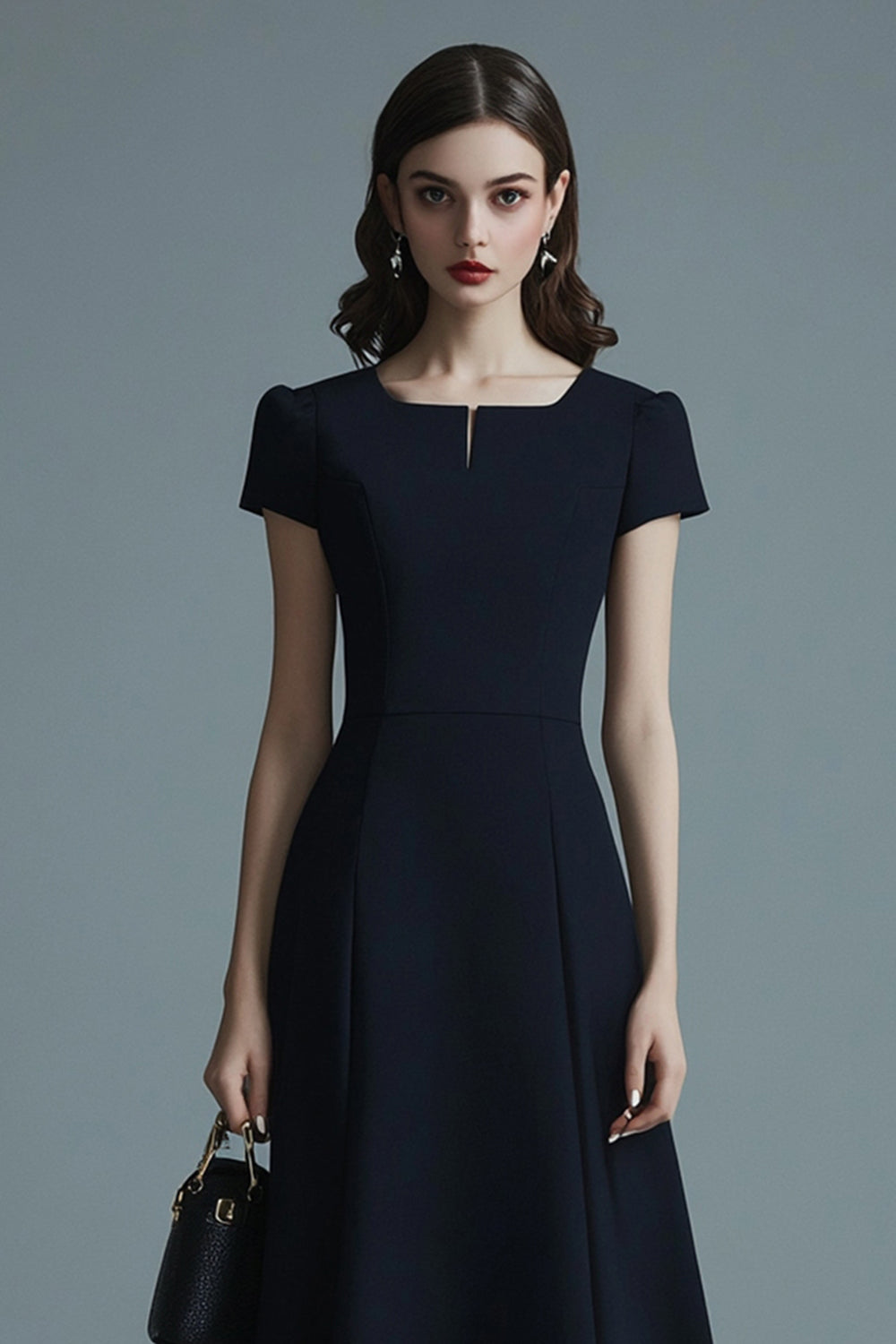 Navy Satin Midi A Line Work Dress with Short Sleeves