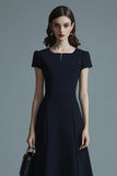 Navy Satin Midi A Line Work Dress with Short Sleeves