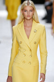 Yellow Satin Peak Lapel Double Breasted Bodycon Work Blazer Dress