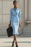 Sky Blue Bodycon Satin Work Blazer Dress with Long Sleeves