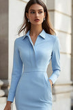 Sky Blue Satin Collar Neck Short Work Blazer Dress with Pockets