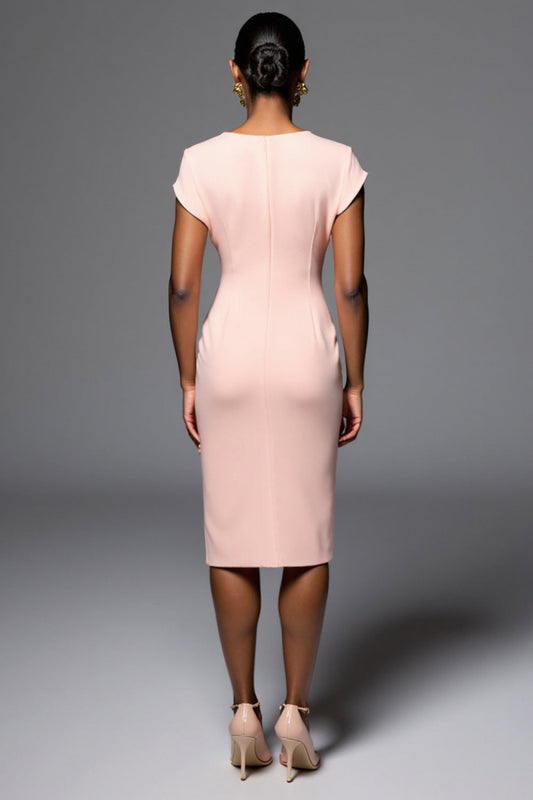 Light Pink V-Neck Satin Short Bodycon Work Dress with Ruffles