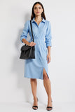 Blue Collar Neck A Line Long Sleeves Midi Work Shirt Dress with Slit