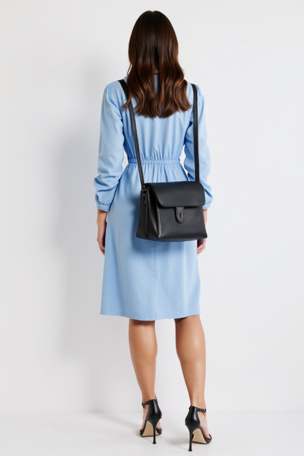 Blue Collar Neck A Line Long Sleeves Midi Work Shirt Dress with Slit