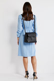 Blue Collar Neck A Line Long Sleeves Midi Work Shirt Dress with Slit