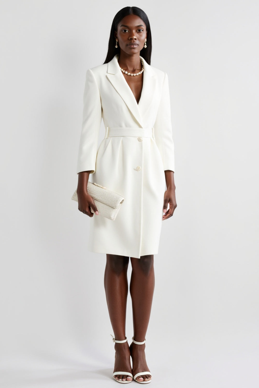 White Bodycon Peak Lapel Satin Short Work Blazer Dress with Sleeves