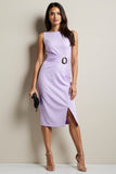Purple Satin Bodycon Midi Ruched Work Dress with Slit