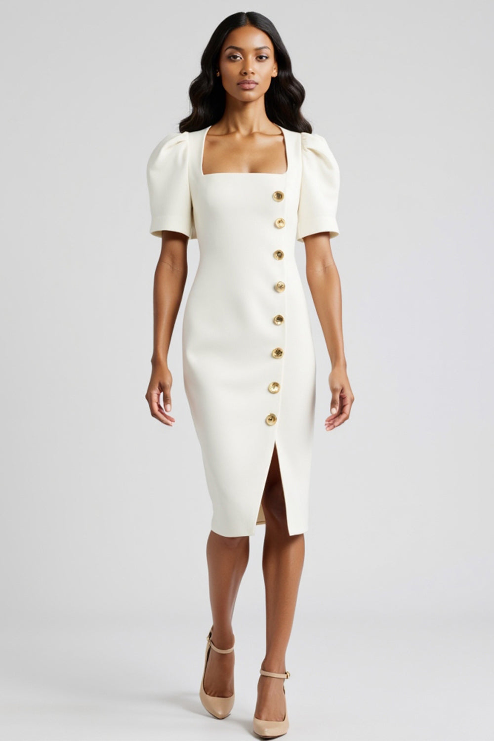 White Bodycon Satin Square Neck Midi Work Blazer Dress with Slit