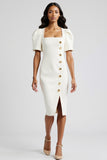 White Bodycon Satin Square Neck Midi Work Blazer Dress with Slit
