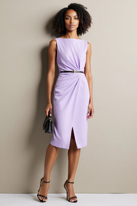 Purple Bodycon Ruched Bateau Neck Midi Work Dress with Slit