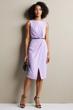 Purple Bodycon Ruched Bateau Neck Midi Work Dress with Slit