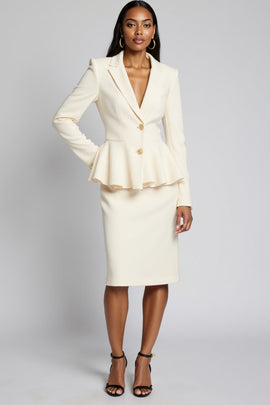 Ivory Peak Lapel 2 Piece Bodycon Satin Midi Business Suits with Ruffles
