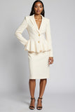 Ivory Peak Lapel 2 Piece Bodycon Satin Midi Business Suits with Ruffles